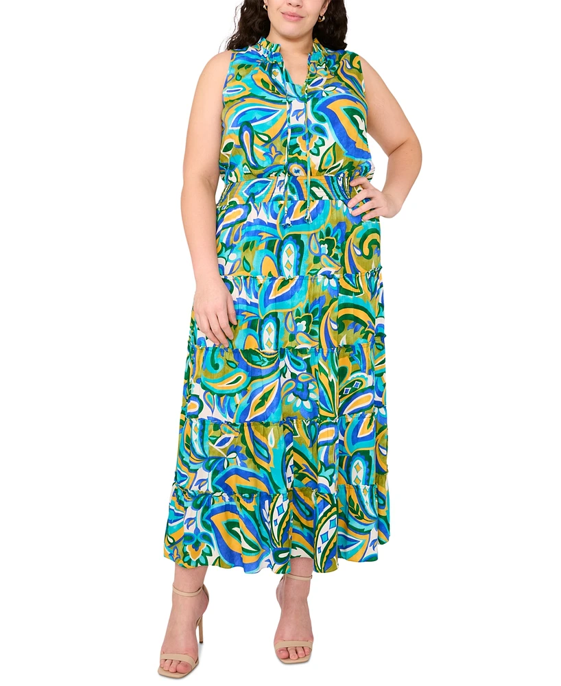 Msk Plus Printed Split-Neck Smocked-Waist Tiered Dress