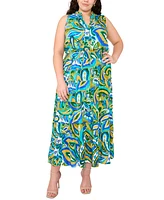 Msk Plus Printed Split-Neck Smocked-Waist Tiered Dress
