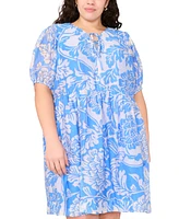 Msk Plus Printed Tie-Neck Puff-Sleeve Dress