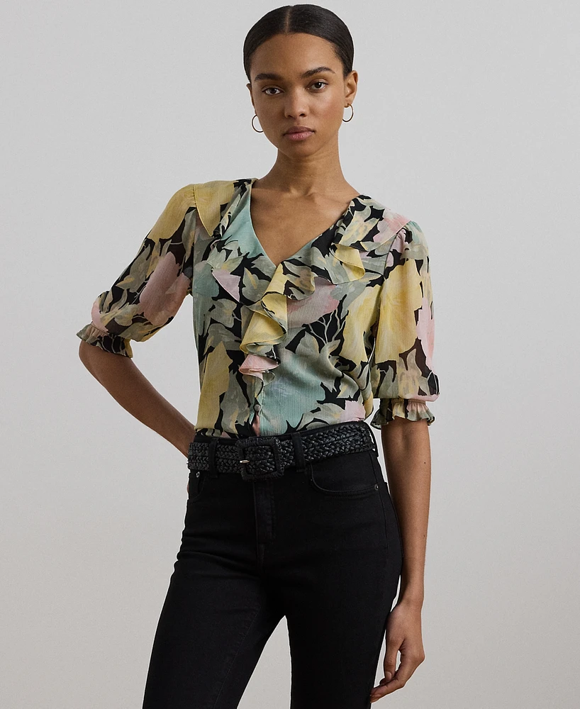 Lauren Ralph Petite Floral Georgette Ruffle-Trim Blouse