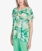 Alfred Dunner Petite Rise & Shine Monotone Tropical Leaf Top