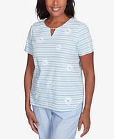 Alfred Dunner Petite St. Thomas Embroidered Daisy Striped Top