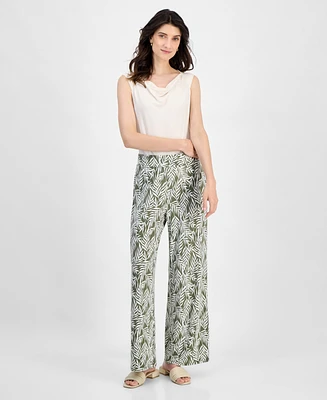 Kasper Women's Leaf-Print Pull-On Wide Ankle Pants