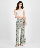 Kasper Women's Leaf-Print Pull-On Wide Ankle Pants