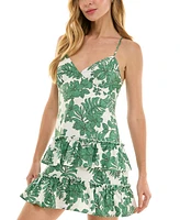 City Studios Juniors' Leaf-Print Tiered-Ruffle Mini Dress