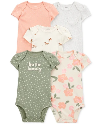 Carter's Baby Girls Floral Horses Short-Sleeve Cotton Bodysuits, 5 Pack
