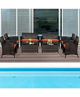 Gymax Set of 8 Outdoor Patio Rattan Conversation Furniture Set w/ Cushion Table