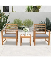 Gymax 3 Piece Outdoor Furniture Set Acacia Wood Conversation Set w/ Cushions