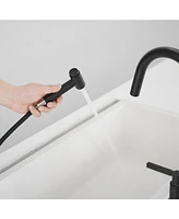 Modern Double Handle 4-Holes Deck Mount Bridge Kitchen Faucet with Side Sprayer Sink Faucet 360 Swivel Spout in Black