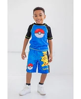 Pokemon Boys Pikachu Upf 50+ Rash Guard Swim Trunks Outfit Set to