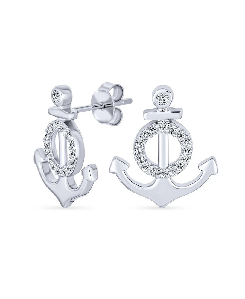 Bling Jewelry Whimsical Nautical Cz Stud Earrings, Boat Anchor Design, Sterling Silver