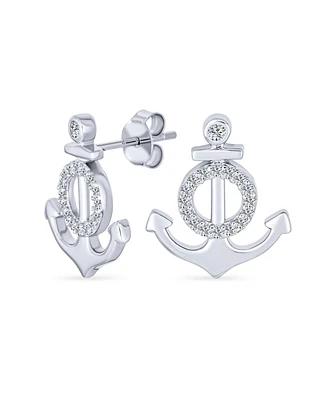 Bling Jewelry Whimsical Nautical Cz Stud Earrings, Boat Anchor Design, Sterling Silver
