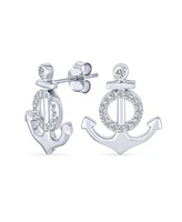 Bling Jewelry Whimsical Nautical Cz Stud Earrings, Boat Anchor Design, Sterling Silver