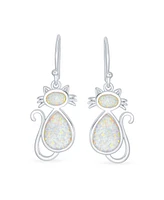 Bling Jewelry Cute Sweet Animal Pet Sitting Kitten Kitty Kat White Created Opal Curious Cat Dangle Earrings .925 Sterling Silver