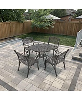 5-Piece Cast Aluminum Outdoor Dining Set Patio Table with Umbrella Hole Chairs Bronze