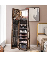 64 Inches Lockable Jewelry Cabinet Armoire with Built-in Makeup Mirror