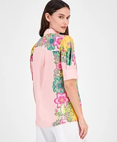 T Tahari Women's Elbow-Sleeve Button-Front Blouse