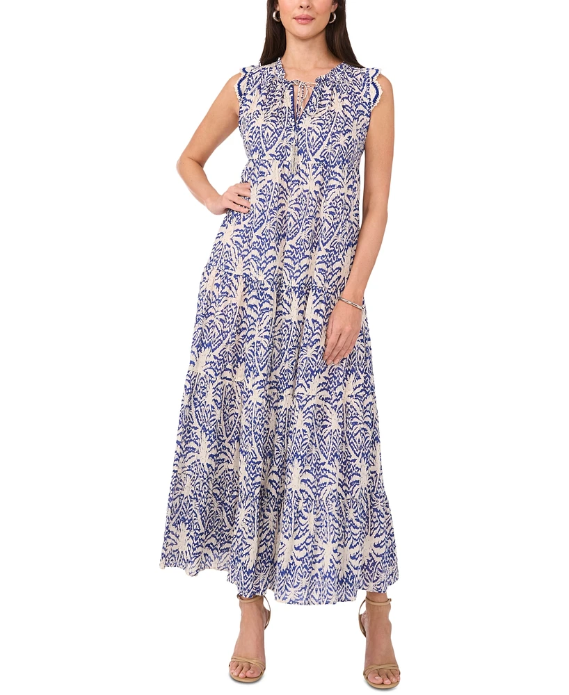 Vince Camuto Women's Printed Crochet-Trim Tiered Maxi Dress