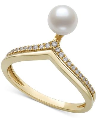Belle de Mer Cultured Freshwater Pearl (6mm) & Diamond (1/10 ct. t.w.) Chevron Ring in 10k Gold