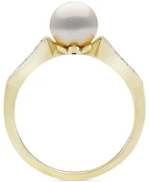 Belle de Mer Cultured Freshwater Pearl (7mm) & Diamond (1/6 ct. t.w.) Leaf Accent Ring in 10k Gold