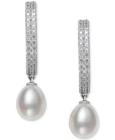 Belle de Mer Cultured Freshwater Pearl (8-9mm) & Lab Created White Sapphire (1-1/4 ct. t.w.) Dangle Hoop Earrings in Sterling Silver