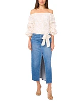Vince Camuto Women's Floral Embroidered Off-The-Shoulder Bubble 3/4-Sleeve Tie-Front Blouse