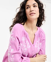 Style & Co Women's Cotton Gauze 3/4-Sleeve Embroidered Top, Exclusively at Macy's