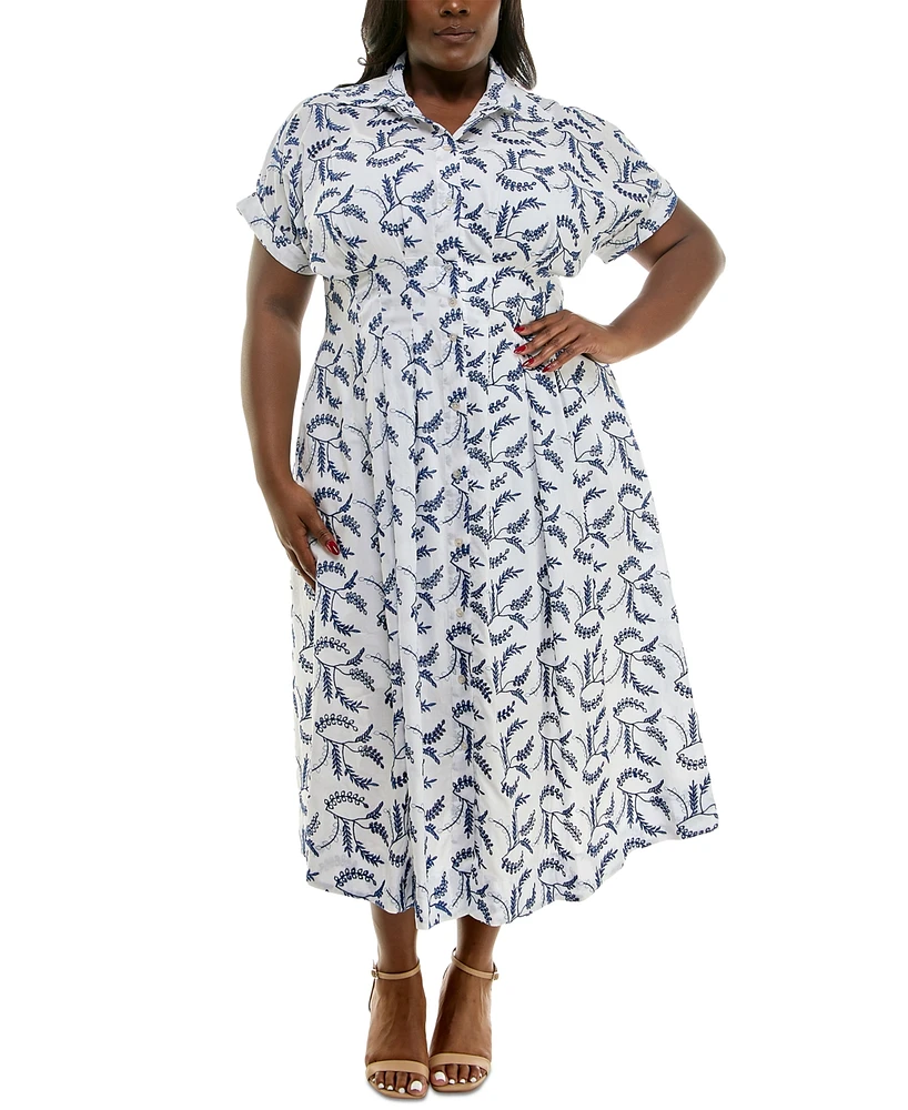 Taylor Plus Floral-Embroidered Button-Front Dress