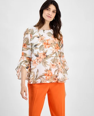 Kasper Women's Floral Boat-Neck Ruffle-Sleeve Blouse, Regular & Petite Sizes
