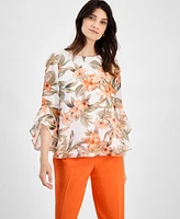 Kasper Women's Floral Boat-Neck Ruffle-Sleeve Blouse, Regular & Petite Sizes