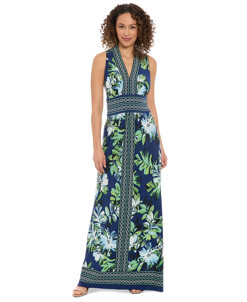 London Times Petite Floral Border-Trim Maxi Dress