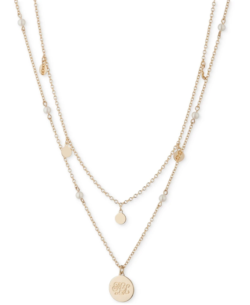 Lauren Ralph Lauren Gold-Tone White Imitation Pearl & Logo Pendant Two-Row Pendant Necklace, 18" + 3" extender
