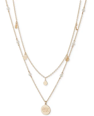 Lauren Ralph Lauren Gold-Tone White Imitation Pearl & Logo Pendant Two-Row Pendant Necklace, 18" + 3" extender