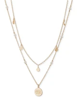 Lauren Ralph Lauren Gold-Tone White Imitation Pearl & Logo Pendant Two-Row Pendant Necklace, 18" + 3" extender