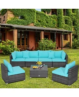 Gymax 7PCS Patio Rattan Sectional Sofa Set Outdoor Furniture w/ Cushions