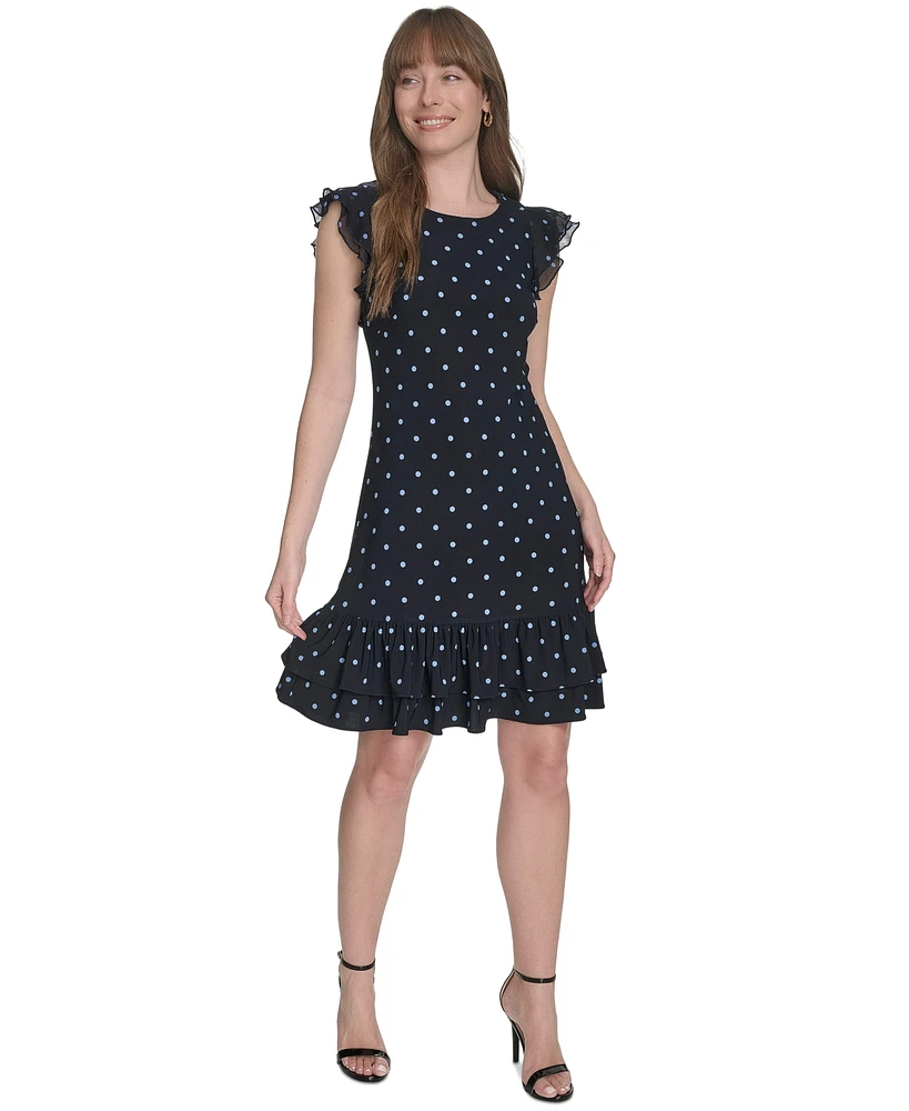 Tommy Hilfiger Women's Dot-Print Flutter-Sleeve Ruffled-Hem Chiffon Dress
