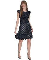 Tommy Hilfiger Women's Dot-Print Flutter-Sleeve Ruffled-Hem Chiffon Dress