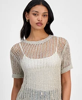 Bar Iii Women's Short-Sleeve Metallic Crochet Sweater, Exclusively at Macy's