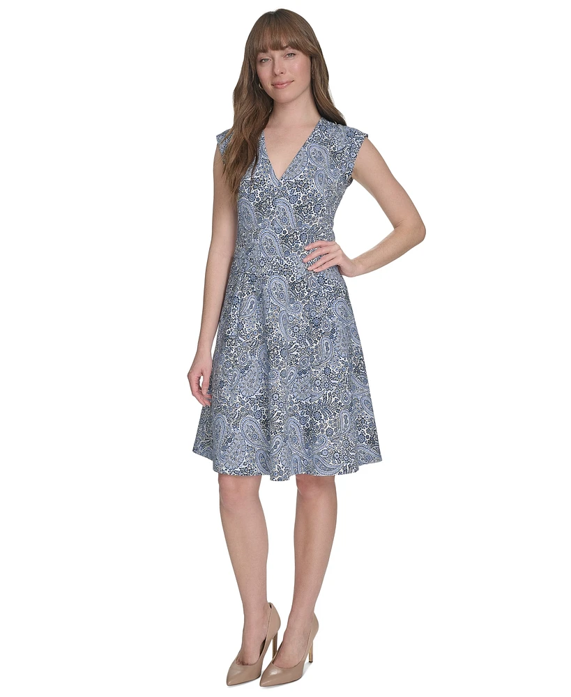Tommy Hilfiger Women's Paisley-Print Cap-Sleeve V-Neck Hopsack Dress