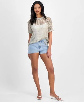 Bar Iii Womens Crochet Tee Bling Denim Shorts Exclusively At Macys