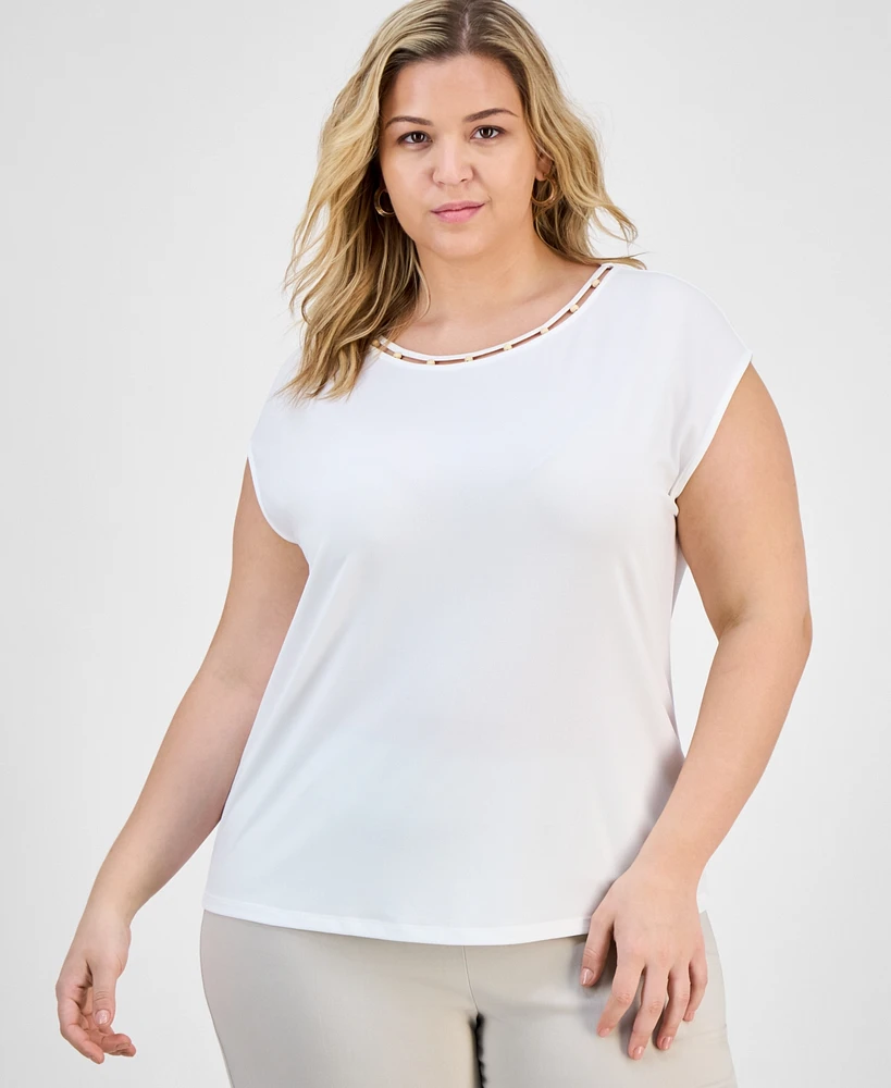 Kasper Plus Beaded-Neck Cap-Sleeve Knit Top
