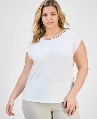 Kasper Plus Beaded-Neck Cap-Sleeve Knit Top