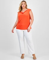 Kasper Plus Cowlneck Cap-Sleeve Top