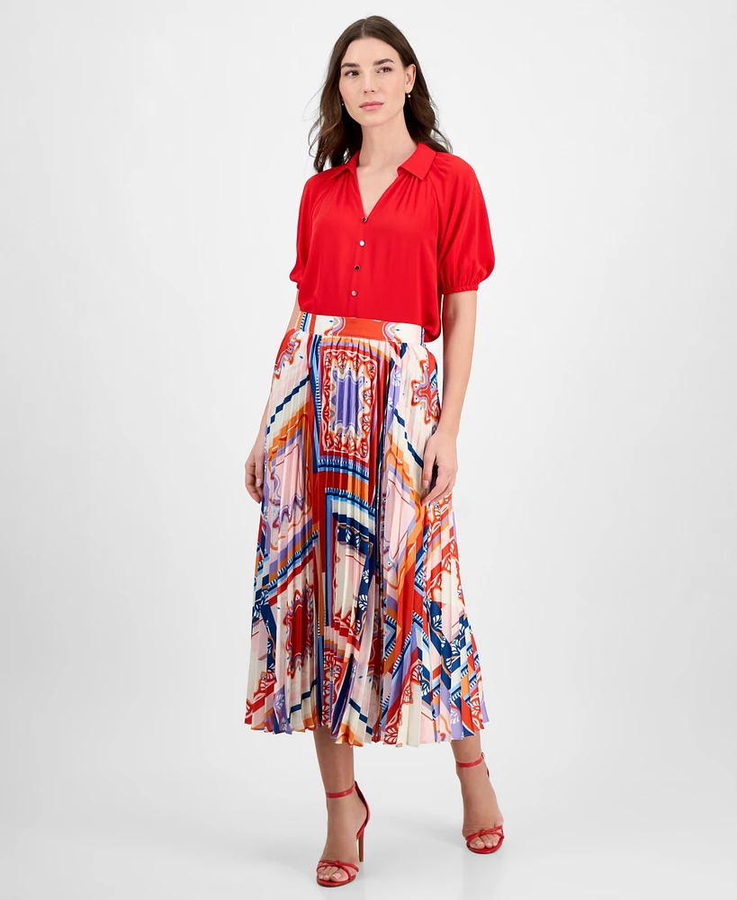 T Tahari Women's Printed Pleated Pull-On Midi Skirt