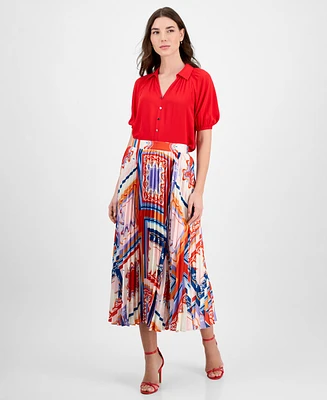 T Tahari Women's Printed Pleated Pull-On Midi Skirt