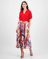 T Tahari Women's Printed Pleated Pull-On Midi Skirt