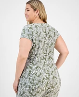 Kasper Plus Printed Tie-Waist Cap-Sleeve Top