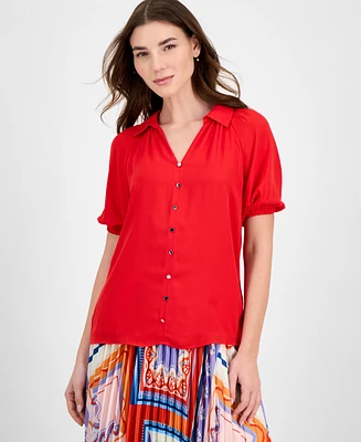 T Tahari Women's Solid-Color Georgette Split-Neck Blouse