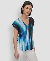 Dkny Women's Linen Printed V-Neck Top