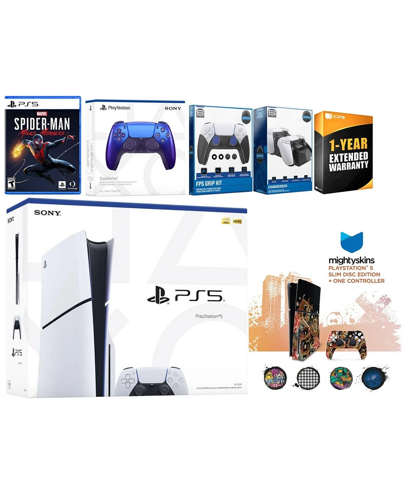 Sony Playstation 5 Slim Disc with Spider-Man: Miles Morales, Extra Cosmic Red Controller, Fps Grip Kit, Charge Dock and MightySkins Decal Voucher + 1